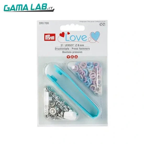 390700 Prym Love Bottoni press. Jersey Color 8mm rosa/blu ch./perla - 21pz