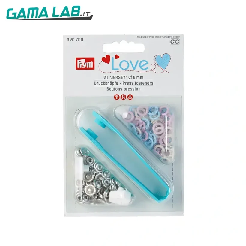 390700 Prym Love Bottoni press. Jersey Color 8mm rosa/blu ch./perla - 21pz