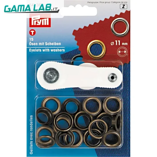 541363 Occhielli + rondelle ottone 11 mm ottone antico - 15pz