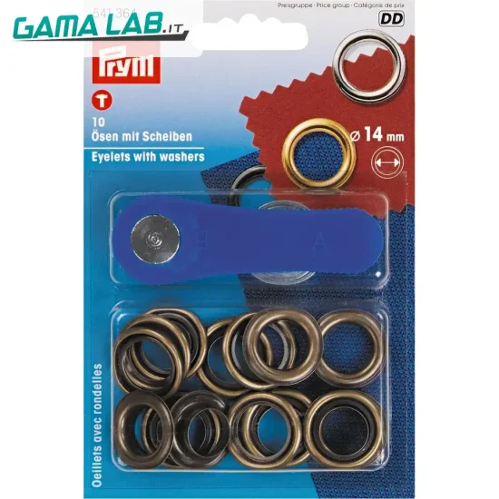 541364 Occhielli + rondelle ottone 14 mm ottone antico - 10pz